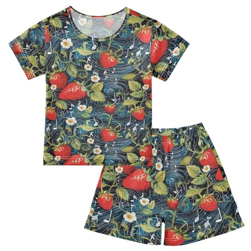 ALAZA Strawberries Music Notes Pajama Set Short Sleeve Sleepwear Soft Lounge Nightwear