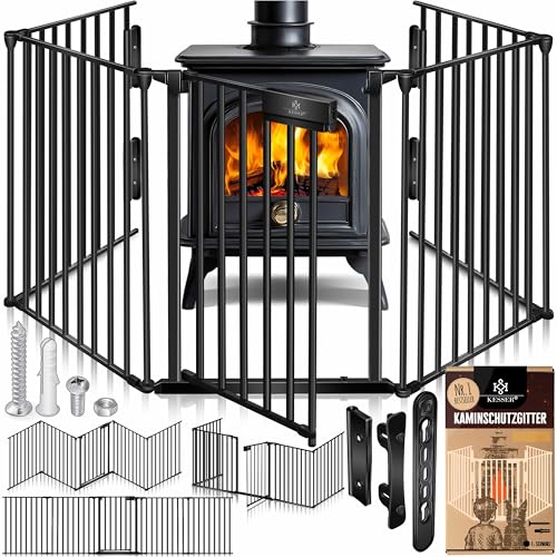 KESSER® Kaminschutzgitter mit Tür 305 cm Metall Ofenschutzgitter Laufgitter Laufstall Absperrgitter Tierschutzgitter Türschutzgitter für Kinder-Sicherung, 5-teilig Elemente (je 60 x 75 cm) Schwarz