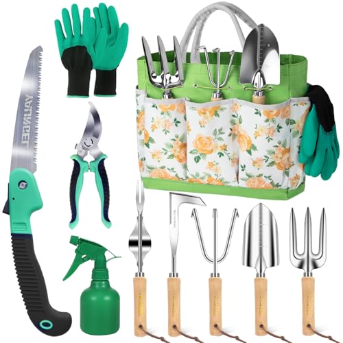 YAUNGEL Ensemble d'Outils de Jardinage, 10 Pièces Outils de Jardinage Robustes en Acier Inoxydable avec Manches en Bois antidérapants- Cadeaux pour Les Femmes et Les...