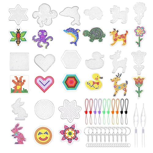 15 Stück Bügelperlen Platten, Bügelperlen Vorlagen 5mm mit Schlüsselband Schlüsselanhänger und Verbindungsring, Vorlagen für Perlen zum Basteln Steckperlen Platten für Geschenk Jungs Mädchen DIY