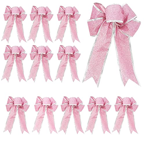 12 unidades de lujo de 8 pulgadas rosa purpurina artificial lazo de Navidad árbol de Navidad coronas decoración caja de regalo embalaje decoración ornamento Cover