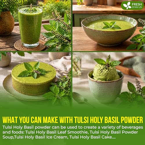 Image of FreshDrinkUS, Premium 16oz Tulsi Leaves Powder, 100% Natural & Pure, Herbal Tea, No Sugar, No Caffeine, No Gluten, Vegan.