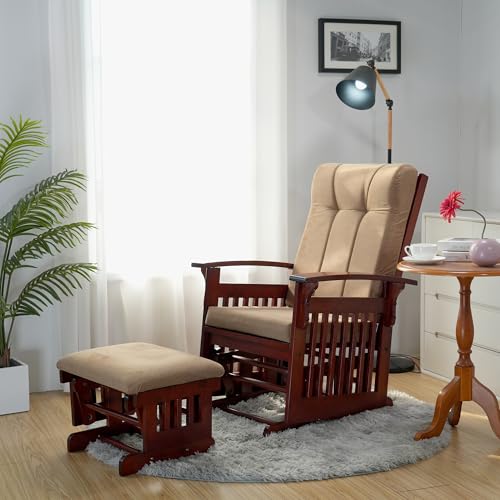 ItWorths Solid Wood Glider Rocking Chair and Ottoman Set, Rustic Nursery Glider Rocker with Padded Cushion, Smooth Rocking Motion Indoor Living Room Nursing Napping Reading, Reddish Brown+Brown