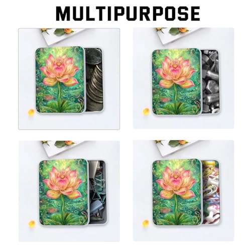 Image of Metal Tin Box with Lid,Multi-functional Storage Box Can Store Tea Biscuits Game Cards, Playing & Tarot Cards-Comes with 4 Magnetic Cord Clips,Lotus Flower Art