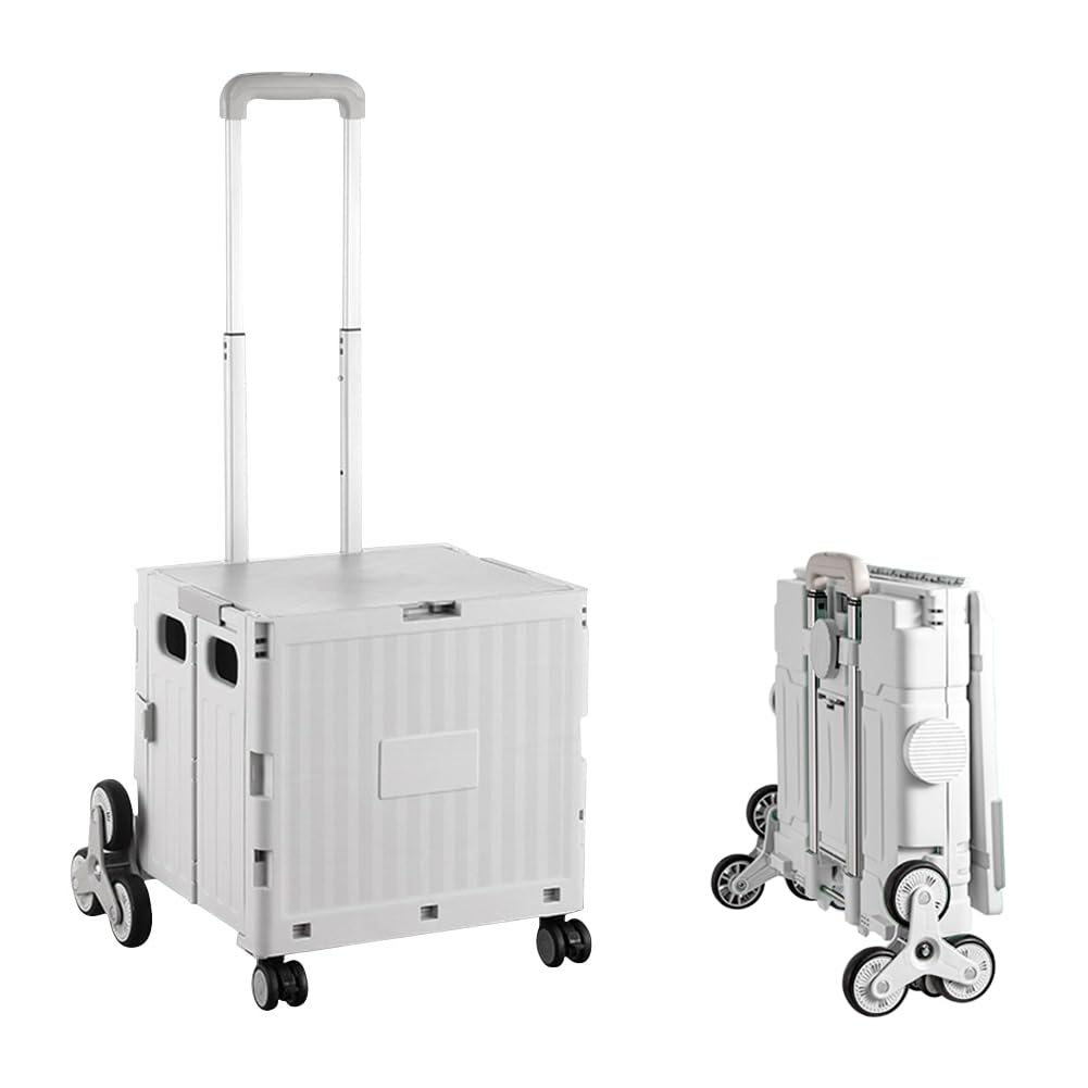 Chpbolly Foldable Utility Cart Portable Rolling Crate Collapsible Rolling Carts with Lid Handcart Shopping Trolley with Telescopic Handle 8 Stair
