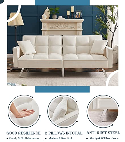 Convertible Velvet Futon Sofa Bed, Modern Sleeper Sofa With 2 Pillows, 3 Adjustable Angles For Backrest, Living Room Couch With 5 Sturdy Metal Legs, Upholstered Loveseat For Home, Office, White #TOP2