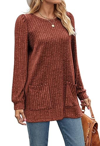 Image of OFEEFAN Long Sleeve Shirts for Women Long Sweaters with Pockets Tunic Tops Loose Fit