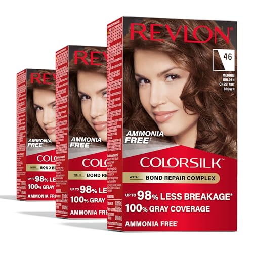 Revlon ColorSilk with Bond Repair Complex, Brown Permanent Hair Color, 100% Gray Coverage, Ammonia Free Hair Dye, Vegan Keratin, 46 Medium Golden Chestnut Brown...