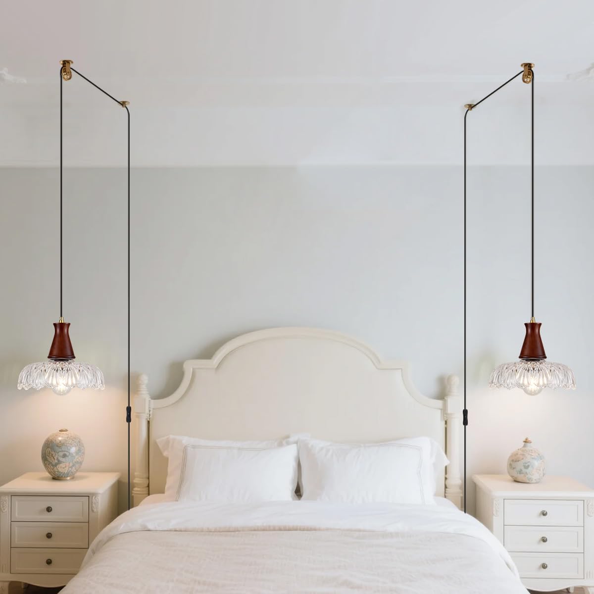 YLONG-ZS Plug in Pendant Light,8 Inch Glass Lampshade Hanging Lights with Plug in Cord Two Ways Switches Industrial Brass Pendant Lights with Plug in Cord for Bedroom