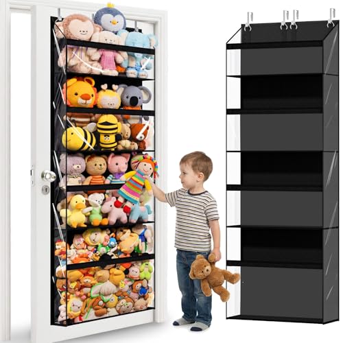 UVIAHOMI Heavy Duty Stuffed Animal Storage 4-Tier Clear Extra Large Over The Door Organizer for Stuffies Baby Ideas Holder Toy Plush Hanging Organizer Big Girls Toddler Bag Animals Stuffy Black