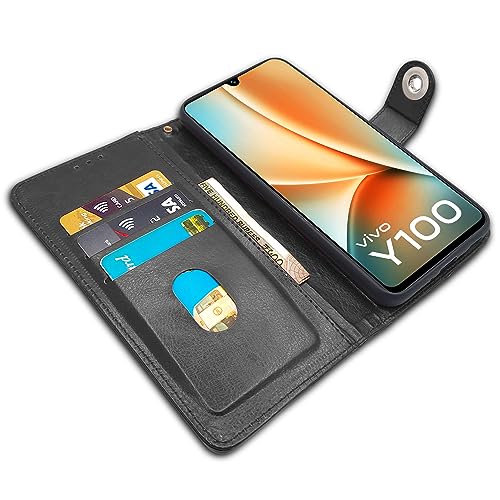Image of Pikkme Vivo Y100 5G Flip Cover Leather Finish | Inside TPU with Card Pockets | Wallet Stand and Shock Proof | Complete Protection Button Flip Case (Black)