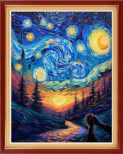 Image of Funchey Stamped Cross Stitch Kits, DIY Cross Stitch Pattern for Adults Beginners Needlepoint Kits Embroidery Kit Arts and Crafts 11CT-Van Gogh Prays Under the Starry Sky 16x20 inchs
