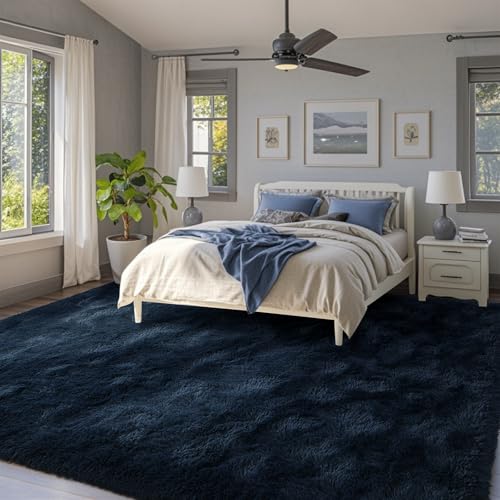 8x10 Area Rugs for Living Room Fluffy Blue,Plush Soft Navy Blue Shag Carpet for Living Room Boys Book Room Nursery Kids Playroom Dorm Decor