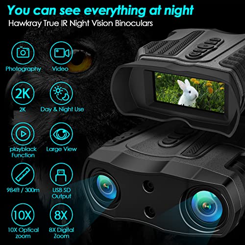Hawkray Night Vision Goggles-4K Ultra Hd 1480Ft Viewing Range, 80X Magnification (Optical 10* And Digital 8*), True Ir Illuminator, 100% Dark Night Vision Goggles，With 64Gb Micro Sd Card. #TOP1