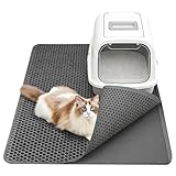 Katzenstreu Matte XXL, Katzenklo Matte Doppelte Schichte Katzenstreumatte 90x60 cm EVA Katzenmatte mit Klettverschluss Waben Grau Katzenklo Unterlage