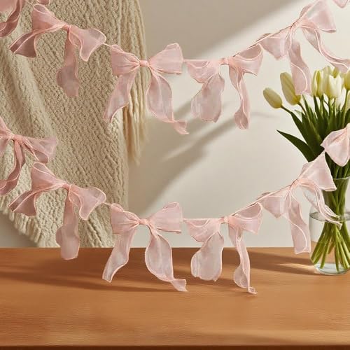 Tulle Bow Garland Pink Bowknot Banner with 12 Bows Party Decor for Birthday Wedding Engagement Ribbon Decoration for Anniversary Bridal Shower Bachelorette Festive Wall Hanging Decor