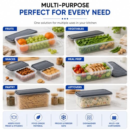 Image of Fridge Storage Containers Set of 3 with Lids | Food Grade Plastic Refrigerator Organizer | 1 x 2500ml & 2 x 1200ml Stackable Kitchen Storage Boxes for Fruits, Vegetables & Meal Prep (2-1200 1-2500)
