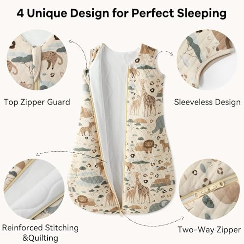 Image of Baby Sleep Sack 6-12 Months 1.5 Tog Baby Wearable Blanket 100% Cotton Fabric Warm Sleeping sack with 2-Way Zipper Quilted for Infant Newborn Tog Apricot Elephant