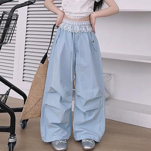 Girls Lace High Waist Parachute Pants Baggy Wide Leg Thin Casual Cargo Trousers with Pockets Teen Kids 𝐃rawstring Pants2