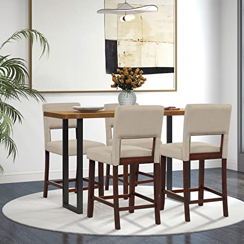 Image of COSTWAY Bar Stools Set of 4, Linen 24.5 Inch Counter Height Chairs with Hollowed Backs, Rubber Wood Legs, Upholstered Barstools for Kitchen Island Home Bar Pub Dining Room, Beige