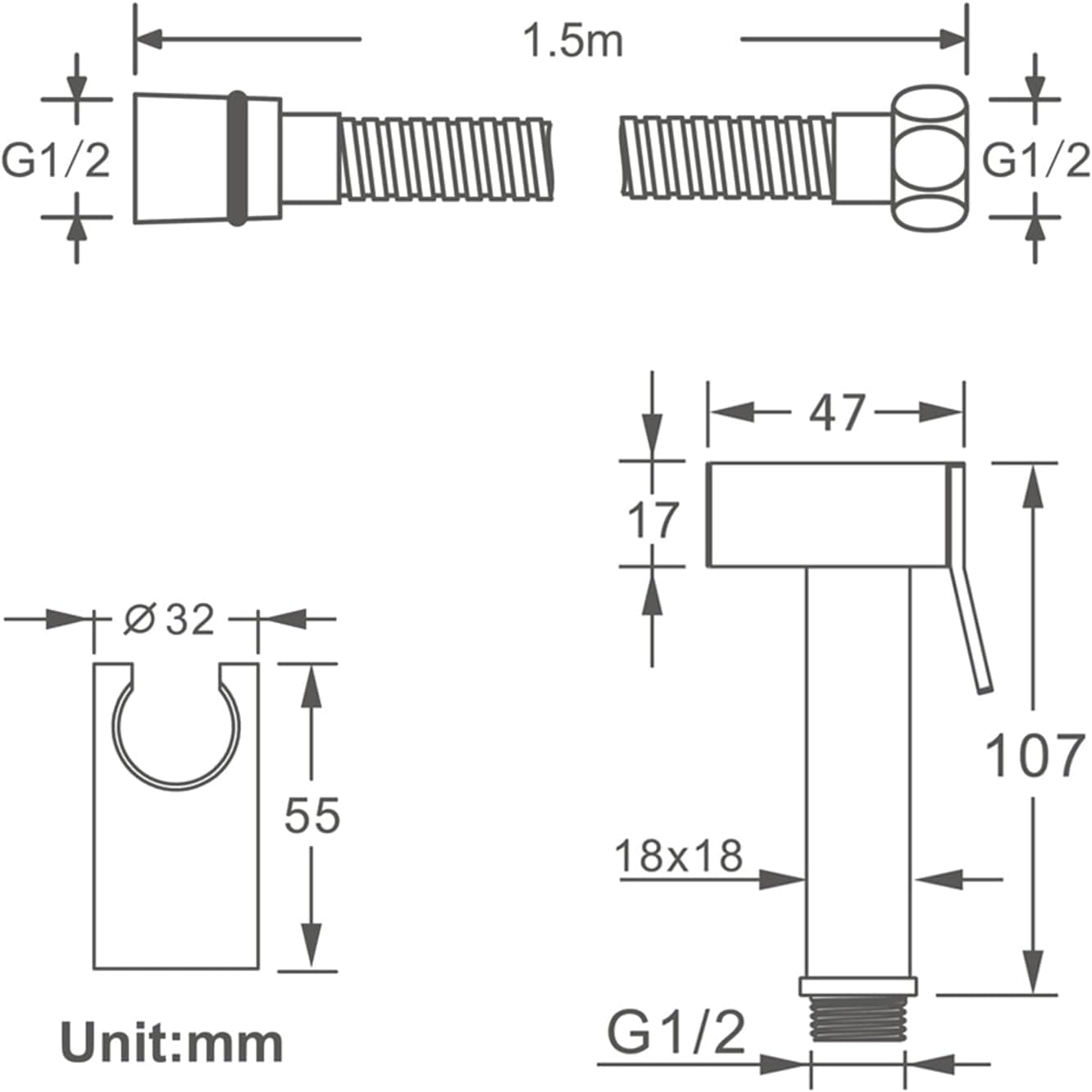Toilet Bidet Kit - Brass Handheld Bidet Sprayer - Wall Mounted Toilet Shower Head with Hose and Holder — view 8