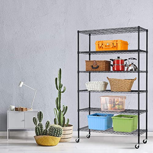 Hcy 6-Tier Storage Shelf Heavy Duty Shelving Unit Nsf Height Adjustable Metal Rack With Wheels For Laundry Bathroom Kitchen Garage Pantry Organization 2100 Lbs Capacity-82*48*18 Inch, (Black) #TOP6