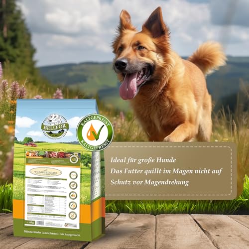 Bellfor Wildsee-Schmaus Hochwertiges Getreidefreies Hundetrockenfutter mit Ente mit hoher Verdaulichkeit ohne tierische Nebenerzeugnisse (4 kg) - Hundefutter mit hohem Fleischanteil.