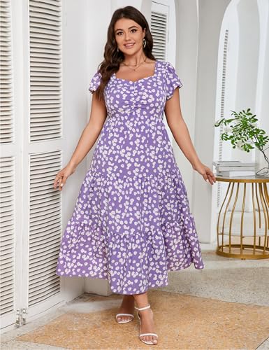 Image of KOJOOIN Women Plus Size Summer Dress Short Sleeve Casual Dress Floral Midi Dress Sweetheart Neck Ruffle Dress