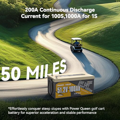 Image of Power Queen LiFePO4 Battery 48V 100Ah Lithium Golf Cart Battery, Lithium Battery with Bluetooth 5.0, Built-in 200A Smart BMS with Low-temp Protection for 5kW Motor Golf Carts Club Car DS E-Z-Go TXT