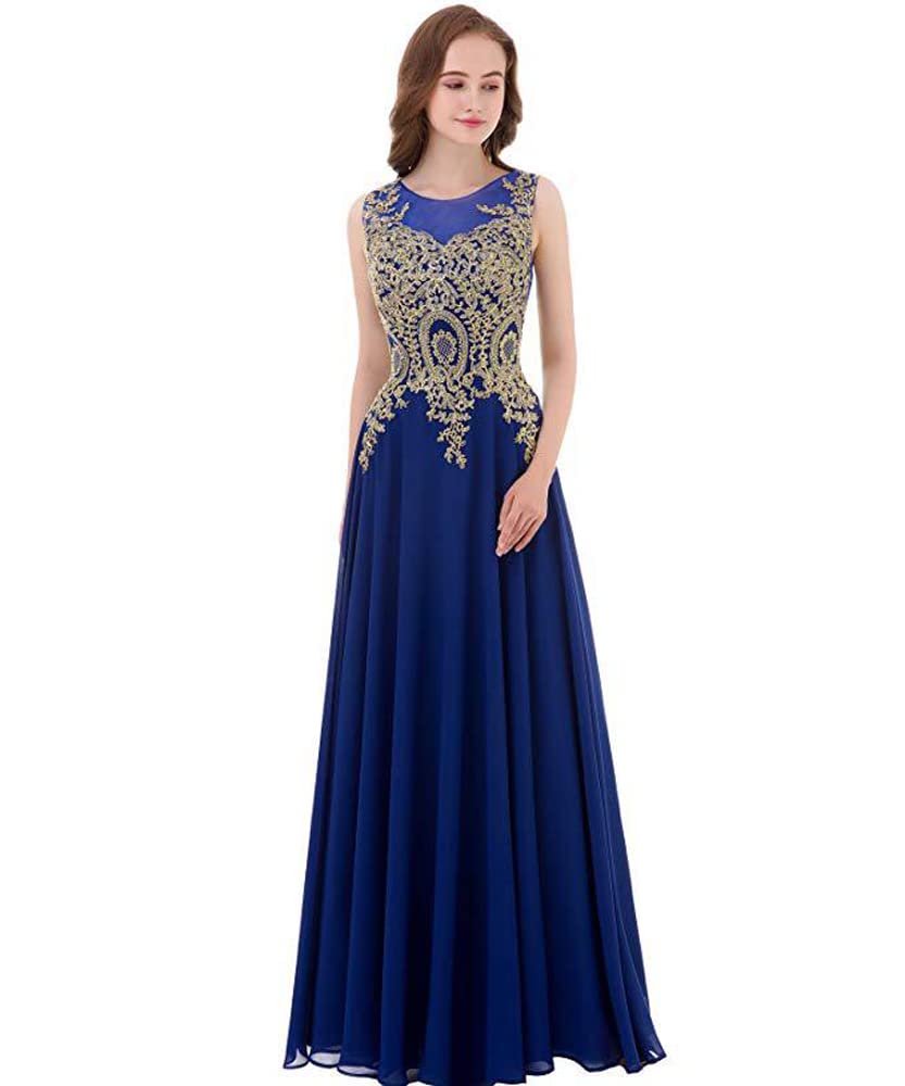 SAYNO Junior Gold Lace Applique Prom Dresses Long Chiffon Sleeveless Lace Up Bridesmaid Gown Royal Blue UK12