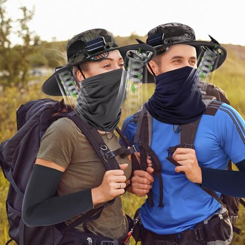 Image of Syhood 3 Set Solar Fan Hats with Arm Sleeves & Neck Gaiter, Wide Brim Sun Hat with Fans for Men Women Cooling Sun Protection Set for Outdoor Fishing Hiking Camping