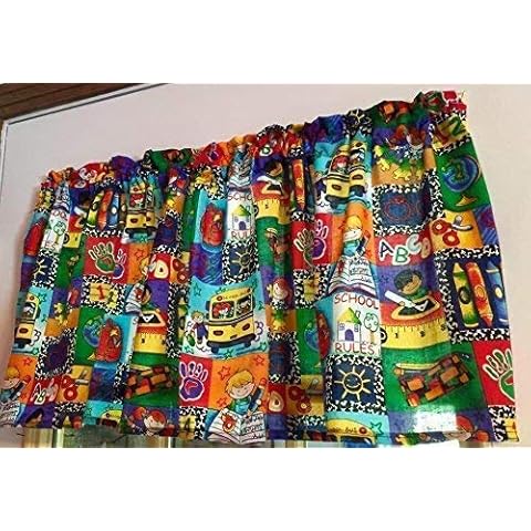 Handmade in the USA Red Blue Green Yellow School Bus Classroom Crayons Window Curtain Valance from Cotton Fabric Cover