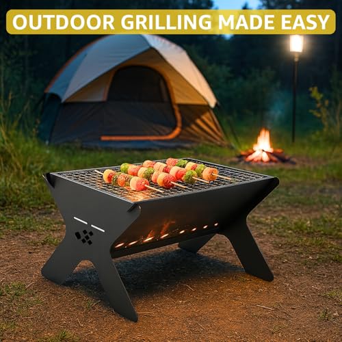Image of ecofynd Portable Charcoal Barbeque Grill, Modern Foldable & Compact BBQ Set for Home, Picnic, Camping, Traveling, Outdoor Cooking, Bonfire, Heavy Duty Firepit Tandoor tools (Stellar Black, BBQ002)