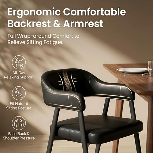 Image of HNY Modern Dining Room Arm Chairs Set of 4, Retro Faux Leather Upholstered Barrel Dining Chairs with Arms Mid-Century Black Accent Chair with Metal Legs, Open-Back Kitchen Side Chair for Living Room