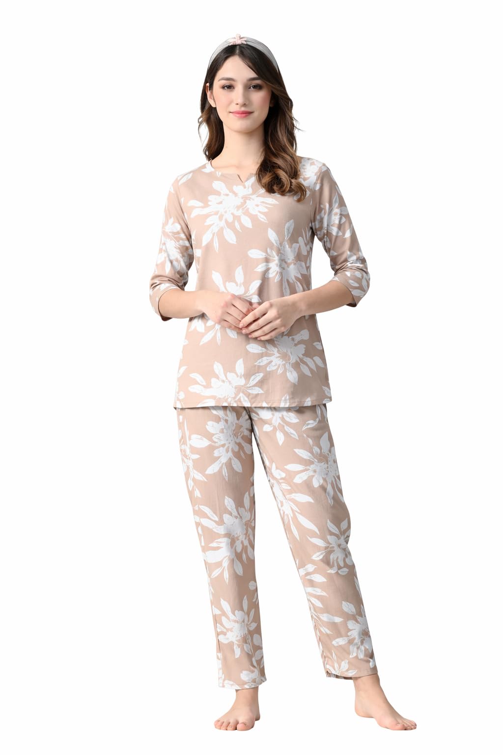 Ichaa Women Rayon Printed Night Wear Top and Bottom Night Suit Set, Beige, Small