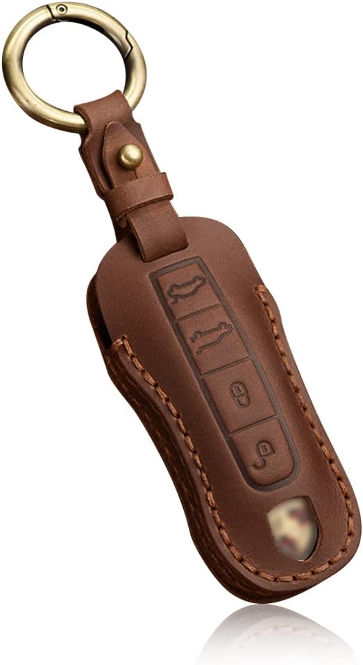 HIBEYO Smart Key Fob Case Leather Full Protection Cover Compatible with Porsche 911 Cayenne Macan Panamera Taycan 3 4 Button Keyless Entry Remote Shell Accessories-(4 Button Brown)