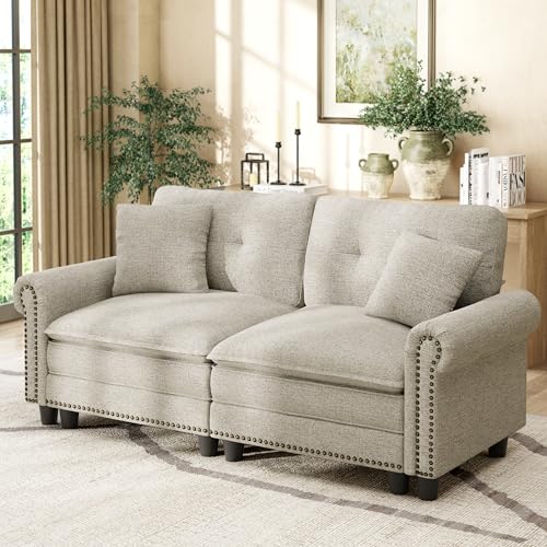 Image of HERA'S HOUSE 73.2 inch Modular Loveseat Cloud Couch Deep Seats & Rolled Arms | Mid-Century Modern 2-Seater Loveseat, Light Grey, Nailhead Trim, Wider & Deeper Seats, Linen Sofa for Living Room Bedroom
