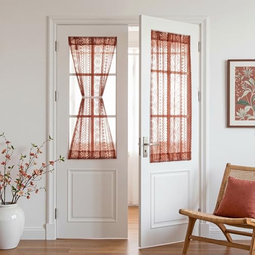 Image of MYSKY HOME Lace Boho French Door Curtains 40 inch Long 2 Panels Sheer Floral Curtains for Door Window Scalloped Doorway Sidelight Curtains Come with 2 Matching Tie-Backs, 26 inch W Each Panel, Terracotta