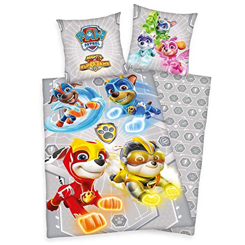 Character World Paw Patrol Mighty Pups Bettwäsche 135x200 · Kinderbettwäsche für Mädchen und Jungen · 1 Kissenbezug 80x80 + 1 Bettbezug 135x200 cm · 100% Baumwolle