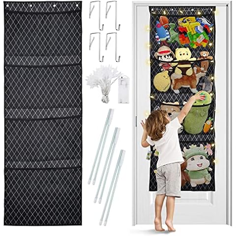 Stuffed Animal Storage with LED Light,Over Door Storage Ideas for Stuffed Animal, Plush and Squishy Toys,for Kids Bathroom/Living-Room/Closet Behind Door Storage with Breathable Net Hanging Holder Cover