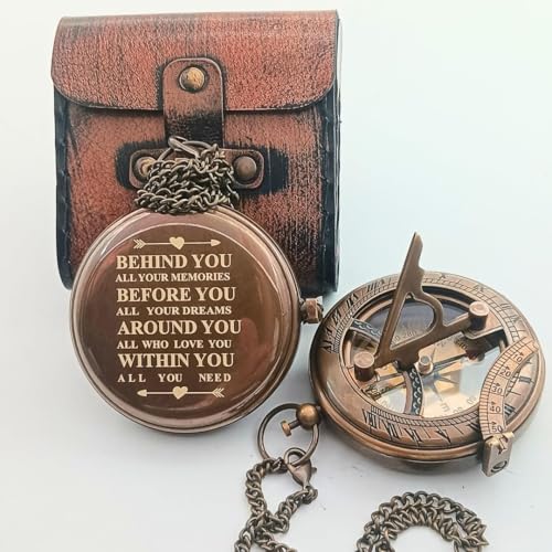 Brújula Grabada de Latón Behind You - Reloj de Sol Náutico Vintage con Estuche de Cuero - Regalo Ideal para Graduación