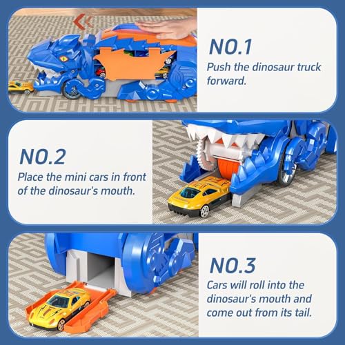 Image of Dinosaur Planet Transporter Truck Toy with Track | Push & Go Dinosaur Car Carrier with 2 Die-Cast Cars | Convertible Race Track Playset | Toy Gift for Boys & Girls Ages 3-6 Year