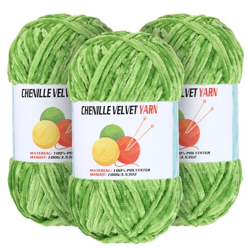 Image of 3 * 100g Velvet Chenille Chunky Yarn for Crocheting, Handcrafts Weaving Soft Chenille Yarn for Crocheting Clearance, Used for Making Baby Yarns Blanket, Clothes, Knitting Creations (Grass Green)