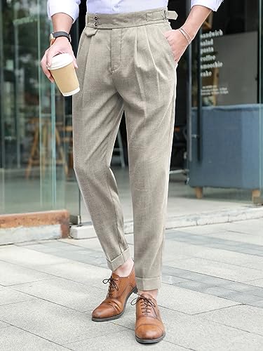 OYOANGLE Men's Buckled Detail Zipper Fly Botton Front Business Suit Pants Work Office Trousers Whit Pockets3