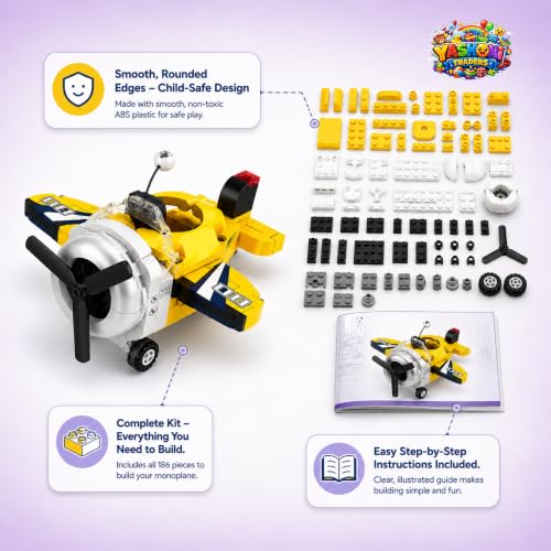 Image of Yashoni Mono Plane Building Blocks Set - 186 Pcs Racing Stunt Aircraft Model | Pull String Propeller Action, STEM Construction Toy for Kids 6+ Boys & Girls | Educational 3D Building Kit, Gift