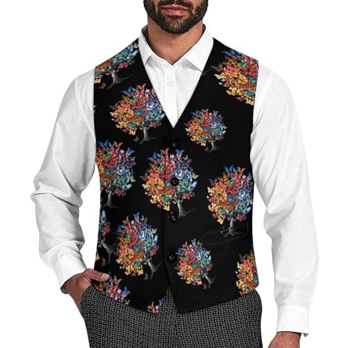 Colorful Butterfly Tree Novelty Men's Suit Vest Funny Formal Dress Vests Business Waistcoat