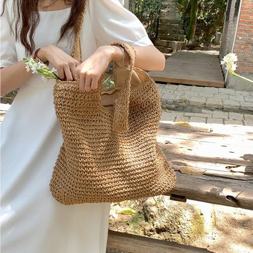 Image of Geelyda Beach Bags for Women, Summer Soft Large Woven Shoulder Purse Handbag, Beach Tote Straw Bag for Summer Vacation