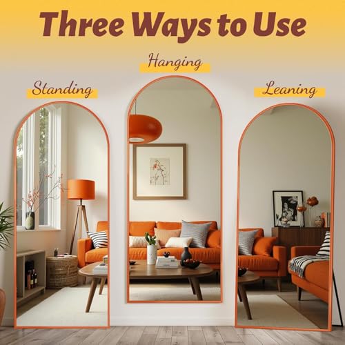 Full Length Mirror, 58"x18" Floor Mirror, Arch Floor Standing Mirrors Freestanding Arch Full Body Mirrors with Stand for Bedroom, Hanging Mounted for Living Room Cloakroom, Orange