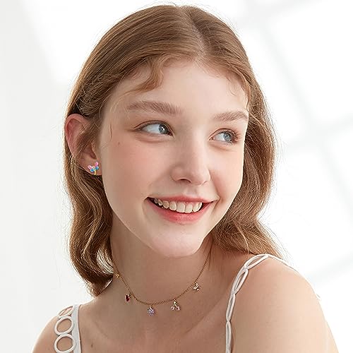 FASACCO 10Pairs Hypoallergenic Screw Back Earrings for Women Girls Stainless Steel CZ Heart Butterfly Ball Stud Earrings Multicolored Cat Rainbow Screwback Stud Earrings Set Over 3 Years Old4