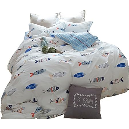 Amazon 綿花世界 男の子用 綿質 寝具カバーセット 掛け布団カバー シーツ 枕カバー 3点セット 北欧 モダン シンプルな図案 魚１００ コットン寝具 洗濯機で丸洗い セミダブル 寝具カバーセット オンライン通販